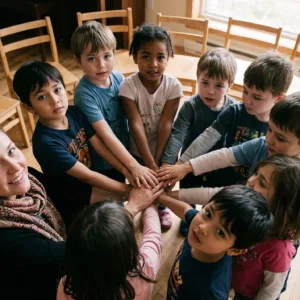 children, group, hands, circle, unity, cooperation, teamwork, adult, teacher, diverse, indoor, classroom, chairs, smiles, expressions, focus, belonging, together, innocence, photo, ai generated